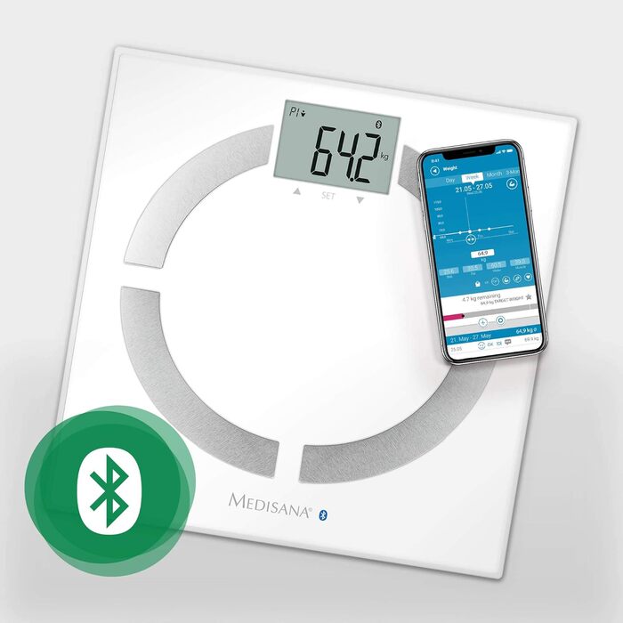 Medisana BS 444 Connect – смарт-ваги для аналізу складу тіла, 180 кг, вимірювання жиру, води, м'язової маси, кісткової тканини, Bluetooth, додаток, біла