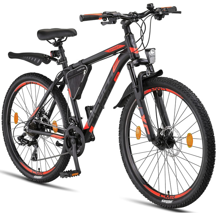 Гірський велосипед Licorne Bike Effect Premium, алюмінієвий, 21 швидкість, дискові гальма, для хлопців та дівчат, 26 дюймів, чорний/помаранчевий