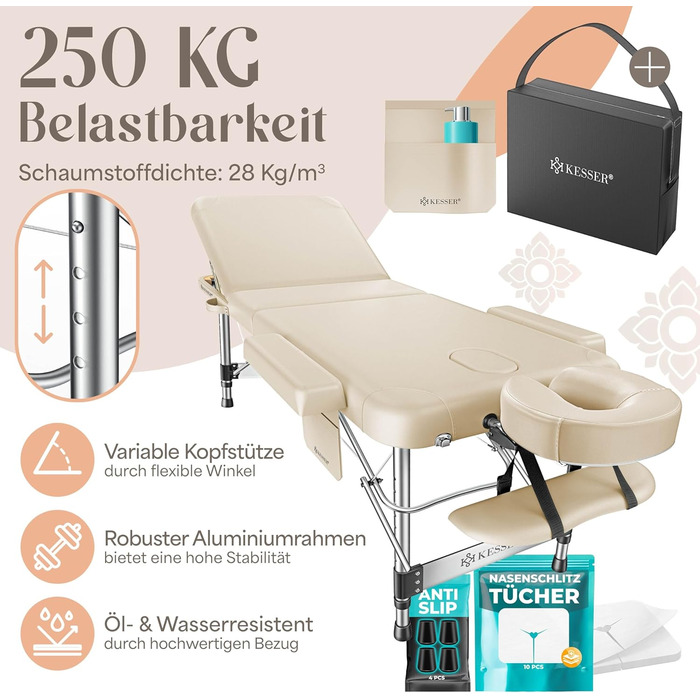 Масажне ліжко KESSER® з 3 зонами, до 250 кг, складне, регульоване, з аксесуарами (підголовник, підлокітники, сумка), антиковзне покриття, бежеве