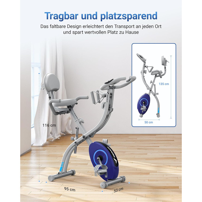 MERACH 4-в-1 велотренажер складаний, Hometrainer з LCD монітором та вимірюванням пульсу, магнітне ергометр, фітнес-велосипед для дому, срібний