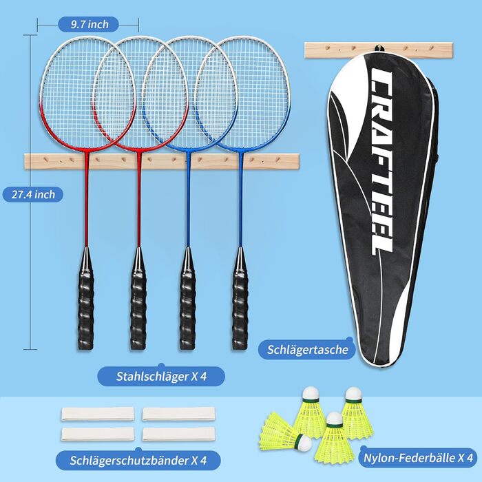 Набір для бадмінтону (2 або 4 ракетки), 2 або 4 волани, сумка, червоно-синій (4 шт.)