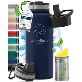 Фляга для води ACTIVE FLASK з соломкою (3 кришки) 950 мл, нержавіюча сталь, BPA-free, без витоку, для напоїв з газом, ізольована, спортивна, дитяча, синій Navy Blue