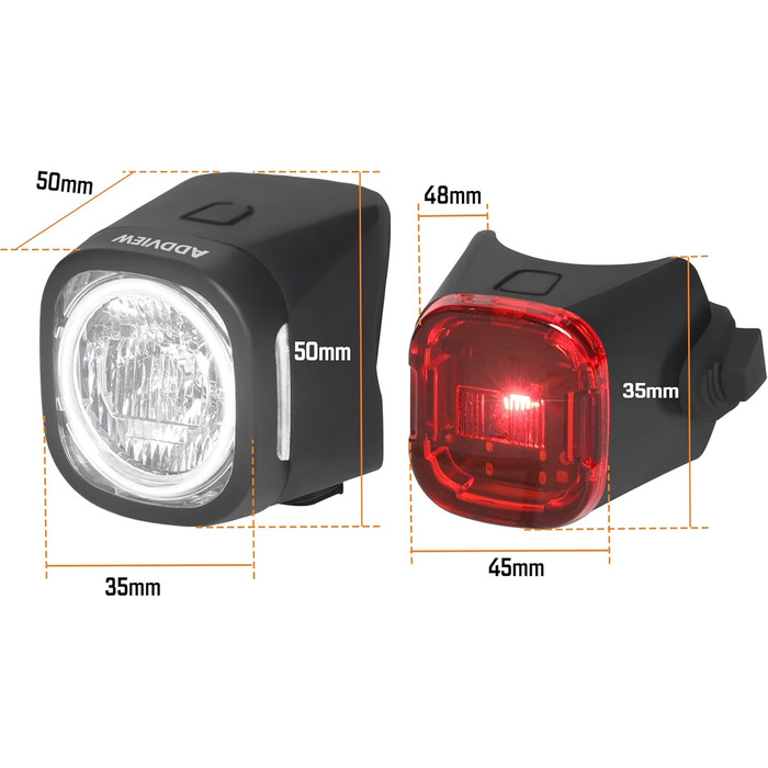 Набір велоліхтарів ADDVIEW, сертифікований StVZO, LED, IP65, водонепроникний - передній + задній ліхтар, USB Type-C, монтаж без інструментів, Twins