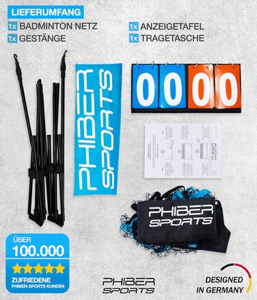 Сітка для бадмінтону PHIBER-SPORTS 420 см, 3 рівні висоти, універсальна для тенісу, волейболу, футболу, з табло та сумкою, для приміщення і вулиці