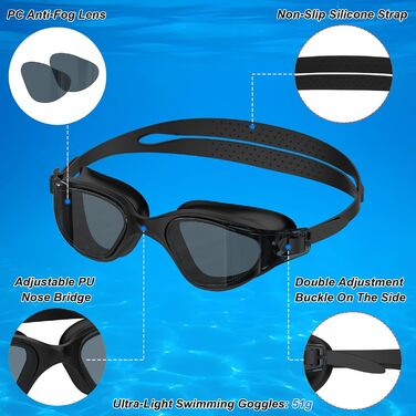 Окуляри для плавання Schwibrille HD, антизапітніючі, UV-захист, герметичні, зручні - для дорослих, басейн/відкрита вода, чорні