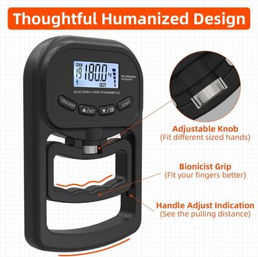 Електронний динамометр для вимірювання сили хвата, 180 кг, з регульованою ручкою та силіконовими кільцями