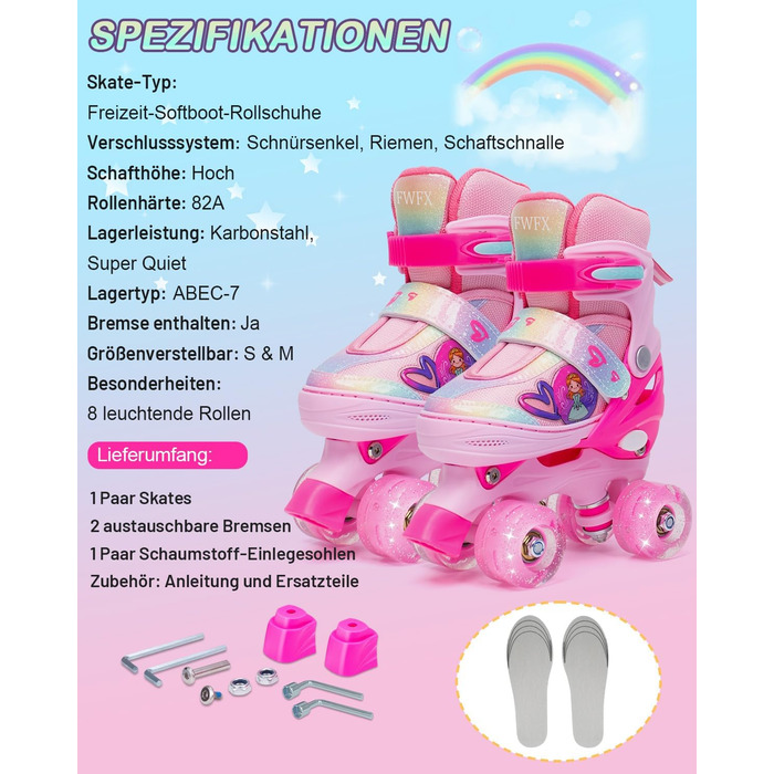 Дитячі ролики FWFX з регулюванням та підсвіткою, підходять для залу та вулиці, розмір S (EU 28-31 / MM 160-200), рожеві