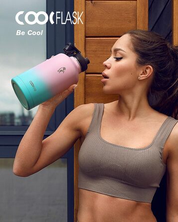 Термос-бутилка Coolflask 2 л з трубочкою та 3 кришками, нержавіюча сталь, вакуумна ізоляція, для спорту та офісу, колір Bubble Gum