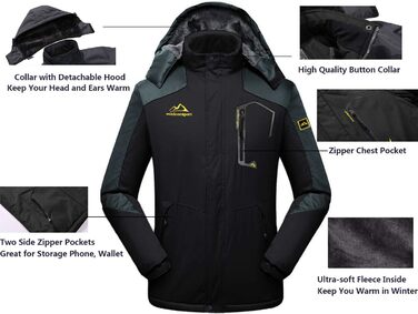 Чоловіча зимова куртка EKENTSON: водонепроникна, вітрозахисна, з підкладкою, для хайкінгу та активного відпочинку, 4 кишені (XL, сіро-чорний)