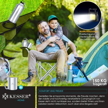 Крісло для кемпінгу KESSER® з підлокітниками, 150 кг, з підсвіткою, тримачем для напоїв, хакі/чорний