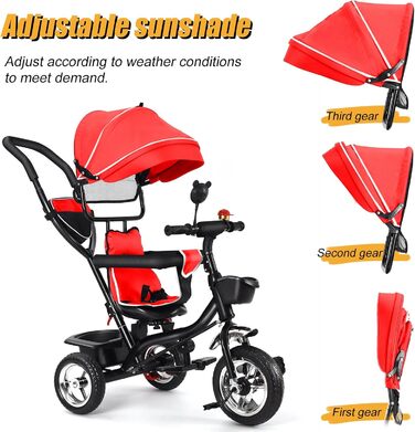 Триколісний велосипед 4 в 1 для дітей від 1 року з батьківською ручкою – дитячий триколіс для 1-4 роки до 25 кг, регульована батьківська ручка, поворотне сидіння, складаний козирок та кошик – компактний та безпечний (Червоний)
