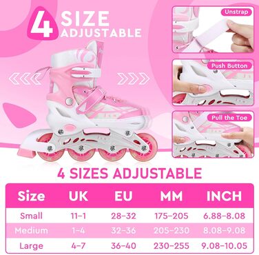 Дитячі ролики для дівчаток, регульовані, рожеві. Ролики для катання в приміщенні та на вулиці. Розмір L (EU 36-40)