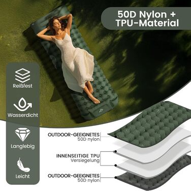 Каремат самонадувний туристичний Tuocal Isomatte, 9 см, Ultralight, з подушкою та насосом, Anti-Ripstop, для кемпінгу, подорожей, намету (Армійний зелений)