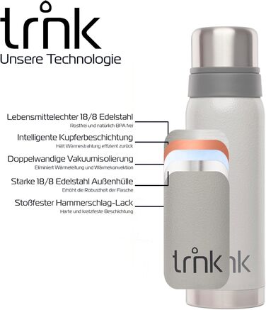 Термос trnk Outdoor polar 2, 750 мл, нержавіюча сталь, BPA-free, з 2 чашками, тримає тепло 24 год, для напоїв, сірий