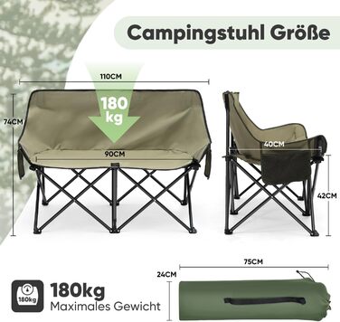 Складане кемпінгове софа для 2 осіб Sunula - портативний стілець з підлокітниками та сумкою, для пікніка, кемпінгу, саду, балкону, риболовлі (оливковий, 110 см)