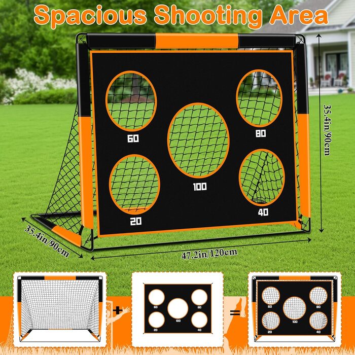 Дитячі ворота для футболу 2-в-1, 150*120 см, портативні та стабільні, 5 цільових зон, 4 ґрунтові анкери та сумка для перенесення, для саду, парку, пляжу (Оранжевий, 120*90*90 см)