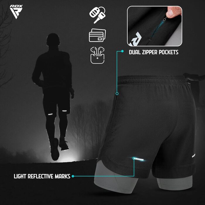 Шорти чоловічі RDX 2-в-1 для бігу та тренувань, компресійні, з кишенями на блискавках (чорний, M)