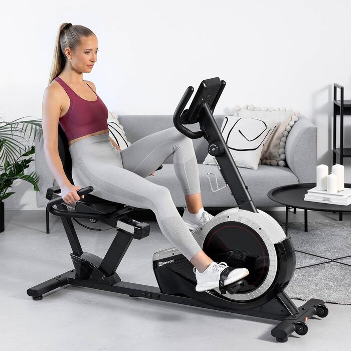 Горизонтальний велотренажер Hop-Sport HS-060L, 15 кг маховик, 8 рівнів навантаження, датчики пульсу, для літніх людей, до 130 кг, сріблястий