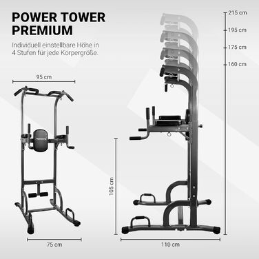 Силова станція Power Tower 7в1, багатофункціональна, регульована висота, з ручками для віджимань, 4 кільця для петльового тренування, для пресу та турнік
