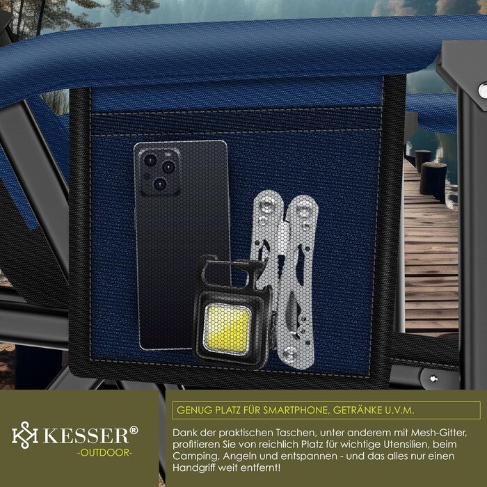 Крісло для кемпінгу KESSER® розкладне, 160 кг | Зручне рибальське крісло з підлокітниками, кишенею для напоїв та світлом | Для відпочинку на природі, пляжі, риболовлі | Navy Blue / Black