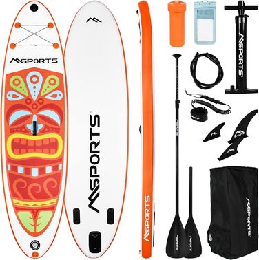 Надувна SUP-дошка MSPORTS з аксесуарами: регульоване весло, насос, 2 веслові стрижні, водонепроникний чохол для смартфона, багатофункціональна сумка, помаранчева