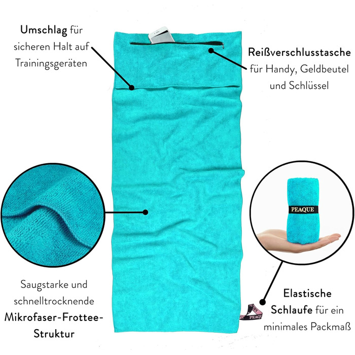 Рушник для фітнесу PEAQUE з кишенею на блискавці | Мікрофібра з фротте-структурою | Спортивний рушник для тренажерного залу | М'який, швидковисихаючий (120 x 50 см)