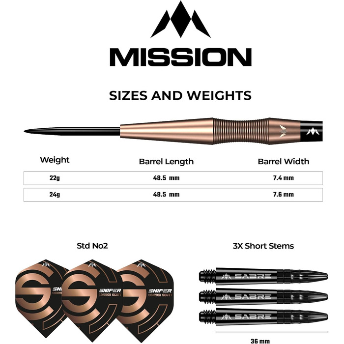 Дротики Mission Connor Scutt V2, сталевий наконечник, бронзове покриття PVD, Sniper, 90% вольфрам, різна вага