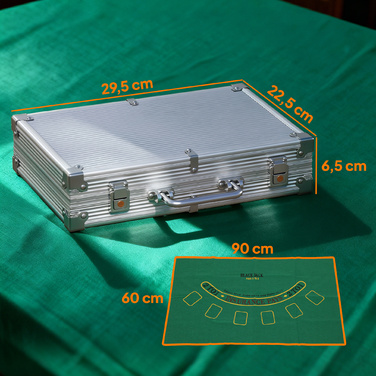 Набір покерних фішок у кейсі, з кубиками, кнопкою ділера, 2 колодами карт, сріблястого кольору