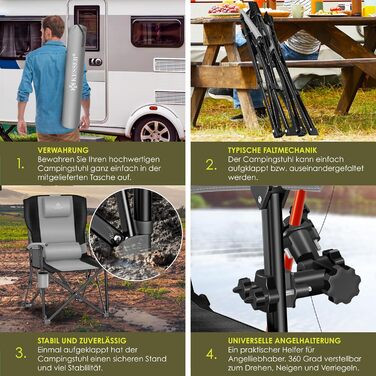 Крісло для кемпінгу KESSER® з високою спинкою, 160 кг, з підлокітниками, кишенею для напоїв та світлом, сіре/чорне