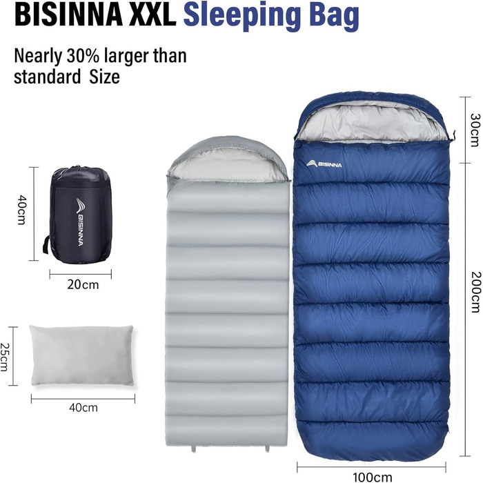 Спальний мішок BISINNA XXL для великих дорослих, 3-4 сезони, зимовий, теплий, ковдровий, для кемпінгу, великий розмір (Blue, 1.5kg, права блискавка)