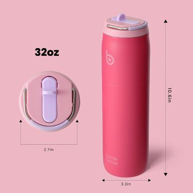 Термос пляшка bottlebottle 946 мл з нержавіючої сталі з трубочкою та ручкою, подвійні стінки, для спорту, подорожей, фітнесу, рожевий, BPA-free
