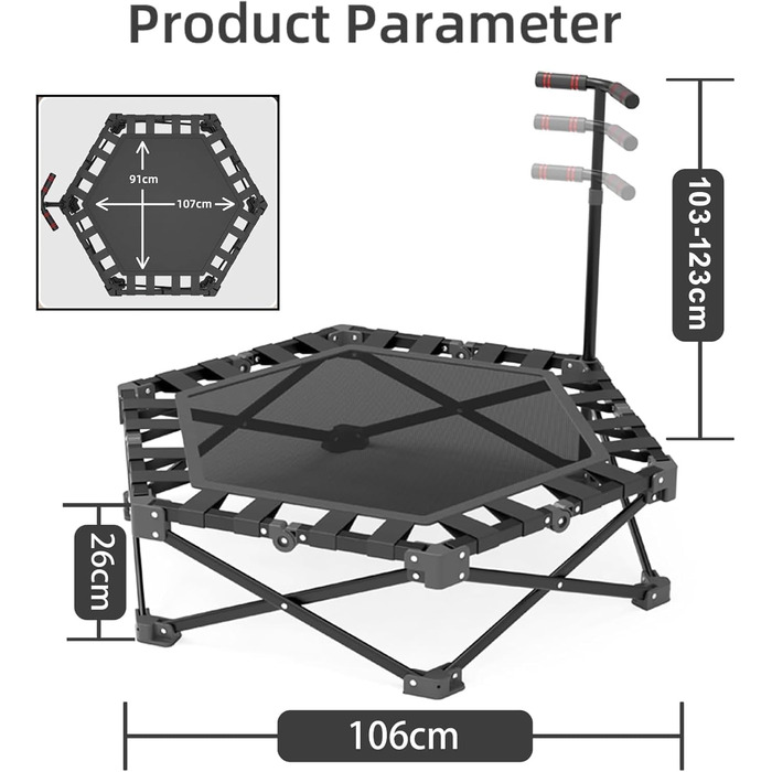Батут фітнес складаний 106 см, вантажопідйомність 200 кг, регульована ручка (3 положення), тихий, для дітей та дорослих, для дому/вулиці