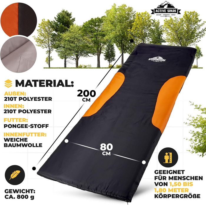 Спальний мішок ACTIVE SPARK Winter - Summer, водовідштовхуючий та дихаючий, з кишенею для грілки, для кемпінгу та гірських походів (Чорний / Оранжевий)