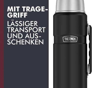 Термос із нержавіючої сталі Thermos King 1,2 л, чорний матовий, з чашкою, 12 годин гаряче / 24 години холодне, BPA free, придатний для миття в посудомийці, з ручкою