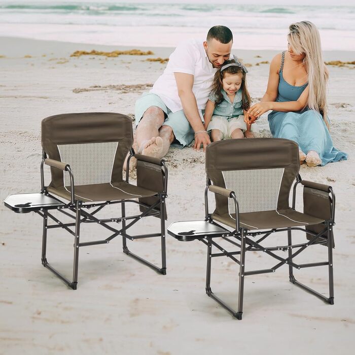 Складний туристичний стул LEADZM з бічним столиком та відділенням для зберігання, 120 кг, 600D Oxford, метал, 62x60x92 см, коричневий
