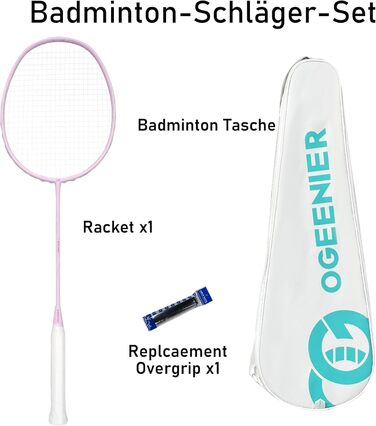 Ракетка для бадмінтону OGEENIER: Графіт, Легка, Професійна, з карбоном, неслизька ручка, у сумці, Рожева