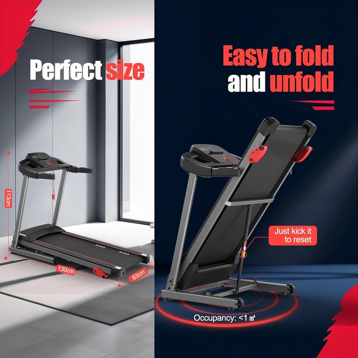 CharonFit T300: Складний біговий тренажер для дому з регулюванням нахилу до 12 км/год, 2.5 PS, вантажопідйомність 120 кг, сумісний з додатком, 2 роки гарантії, чорний