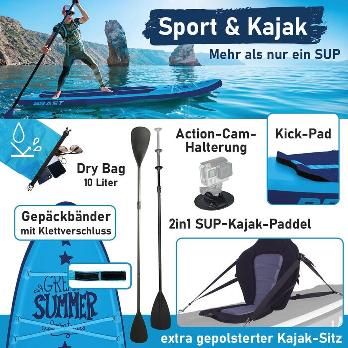 SUP дошка BRAST Summer надувна з набором аксесуарів 320x81x15 см: весло-каяк, тримач для камери, рюкзак, 6 дизайнів, гарантія 5 років