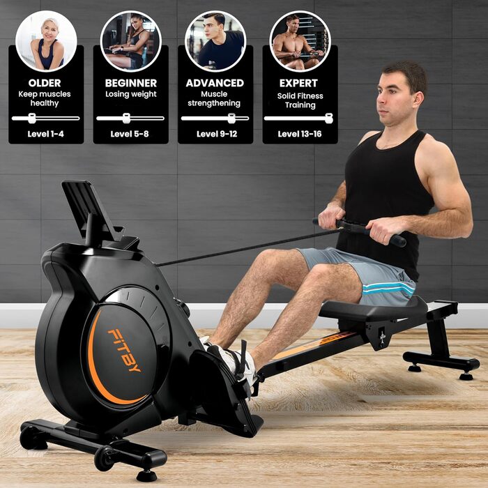 Гребний тренажер Fitby для дому - складаний, з магнітним опором, 16 рівнів навантаження, LCD-дисплей, до 150 кг, чорний