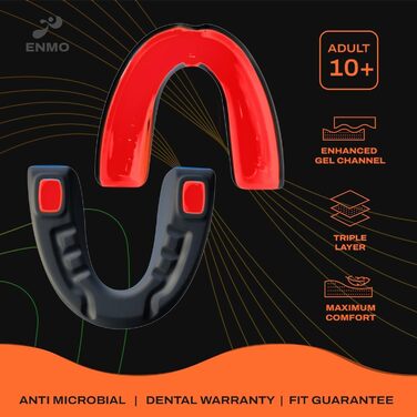 Захисний капу для спорту Enmo Maxilla Pro: для дорослих та дітей (10+), з кейсом. Підходить для регбі, боксу, хокею та контактних видів спорту. Капа з технологією Boil & Bite, тришарова, з каналом для дихання. Білий/синій (Радіо Чорний/Червоний)