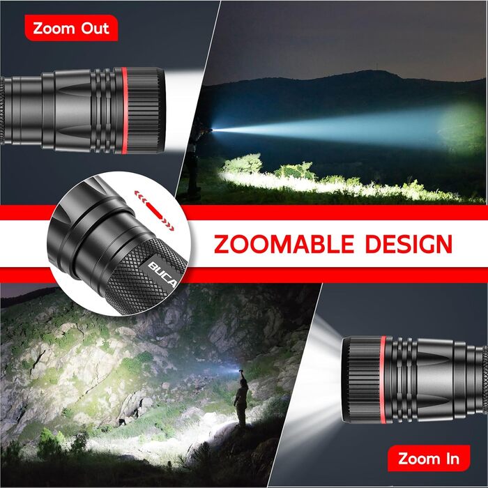 Ліхтарик LED BUCASA, 2000 люмен, 3 режими, збільшення, водонепроникний, для кемпінгу та активного відпочинку (2 шт.)