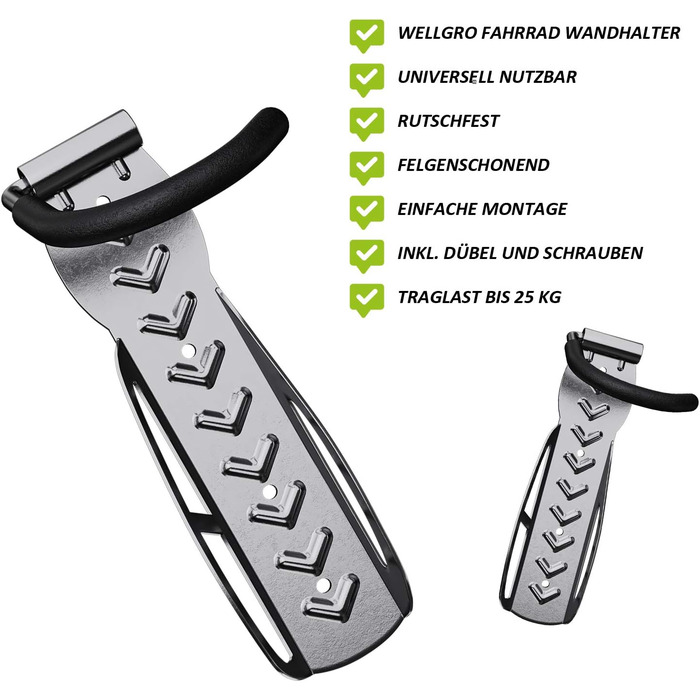 Кріплення для велосипеда на стіну Wellgro - сталевий тримач, гак, стійка - колір на вибір (срібний)