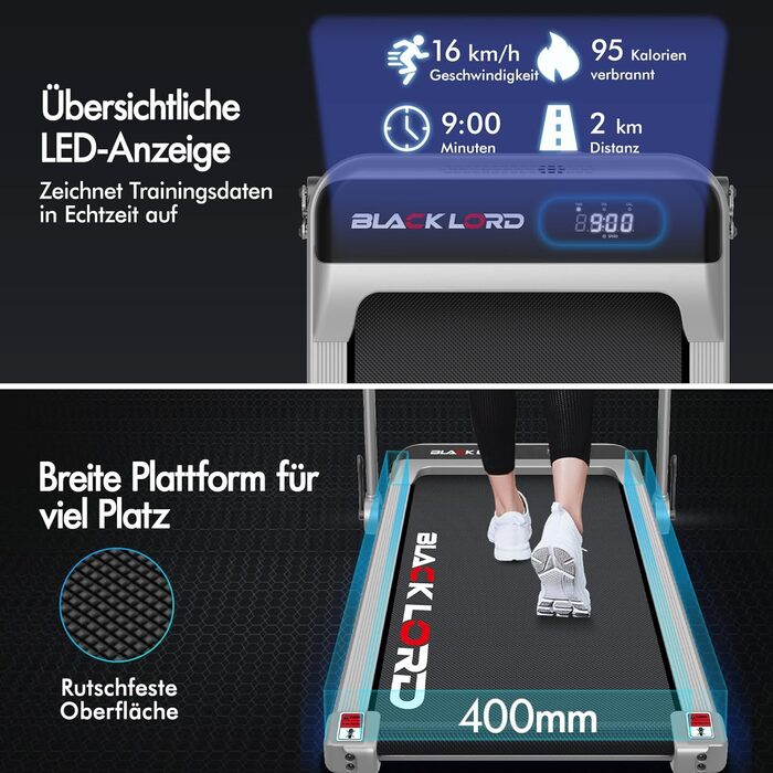 Електрична бігова доріжка BLACK LORD MS2H з нахилом 9%, 3.2 к.с., Walking Pad 4-в-1 для дому та офісу, 12 програм, вбудований динамік, до 140 кг, срібляста (з поручнем)