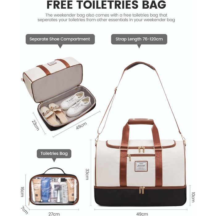 Сумка-валіза LOVEVOOK 37L, 3-в-1: валіза, сумка для пологів, спортивна сумка. Водостійка, з відділенням для взуття та мокрих речей. Підходить для подорожей, спорту, відпустки. (M, Бежево-чорно-коричневий)