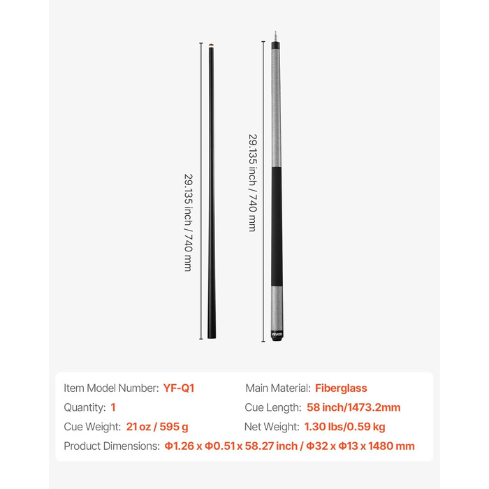 VEVOR: Більярдний кий VEVOR, 147.3 см, з багатошаровою кінцівкою та ABS-кільцем, для професійного столу, бару, дому, офісу, з фібергласу