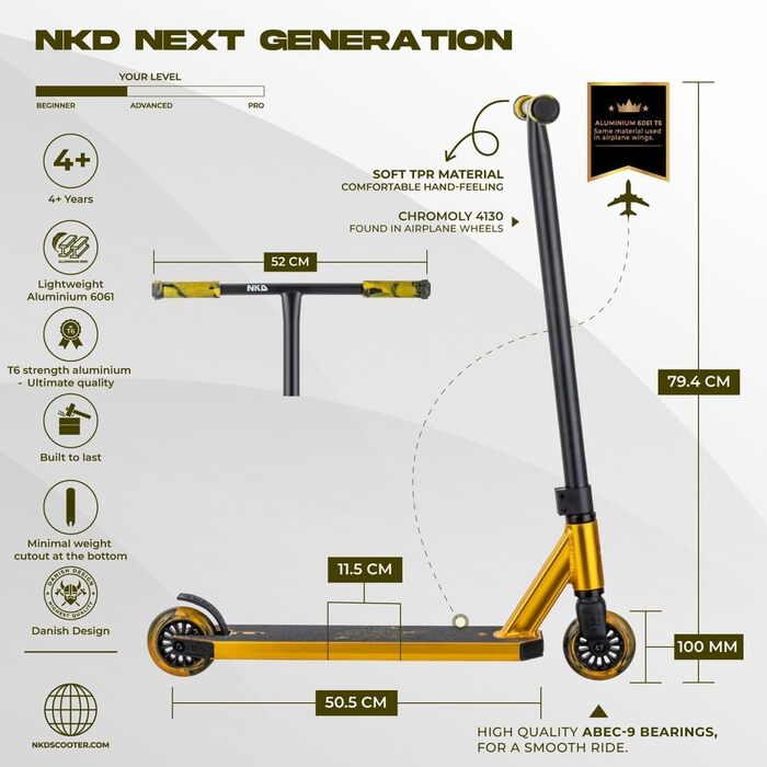 Трюковий самокат NKD Stunt Scooter New Generation: алюмінієвий, з підшипниками ABEC-9, обертовий кермо 360° - Золотий