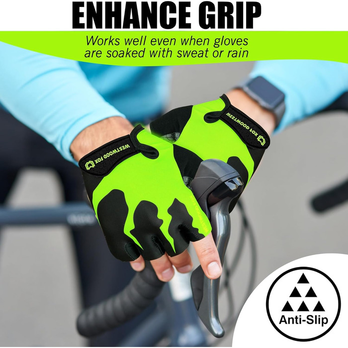 Велосипедні рукавички WESTWOOD FOX, напівпальцеві, унісекс, з підкладками на ручках, нековзна долоня, для їзди на велосипеді, літні, MTB, для чоловіків та жінок, без пальців, короткі, для гірського велосипеда (XL, Papagei)