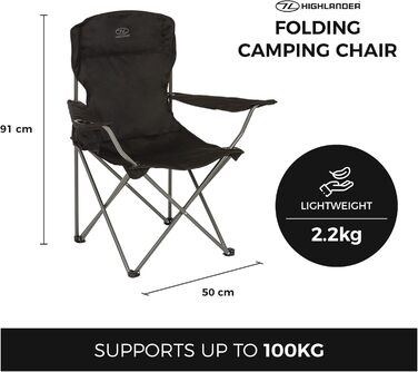 Крісло для кемпінгу Highlander - Легке та міцне туристичне крісло для відпочинку на природі. Підходить для кемпінгу, фестивалів, дачі, риболовлі та відпочинку на пляжі. Чорний колір.