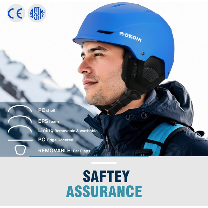 Шолом для сноуборду та гірських лиж для чоловіків, жінок та дітей, регульований розмір, 3-рівнева вентиляція, міцна PC-оболонка з EPS-піною, білий (синій, L: 58-62 см)