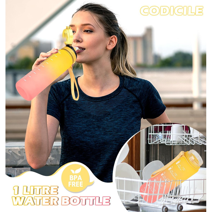 Фляга для води CodiCile 1л зі трубочкою, спортивна, з міткою часу, для миття, нетоксична, для бігу, велосипеда, спортзалу, школи, офісу